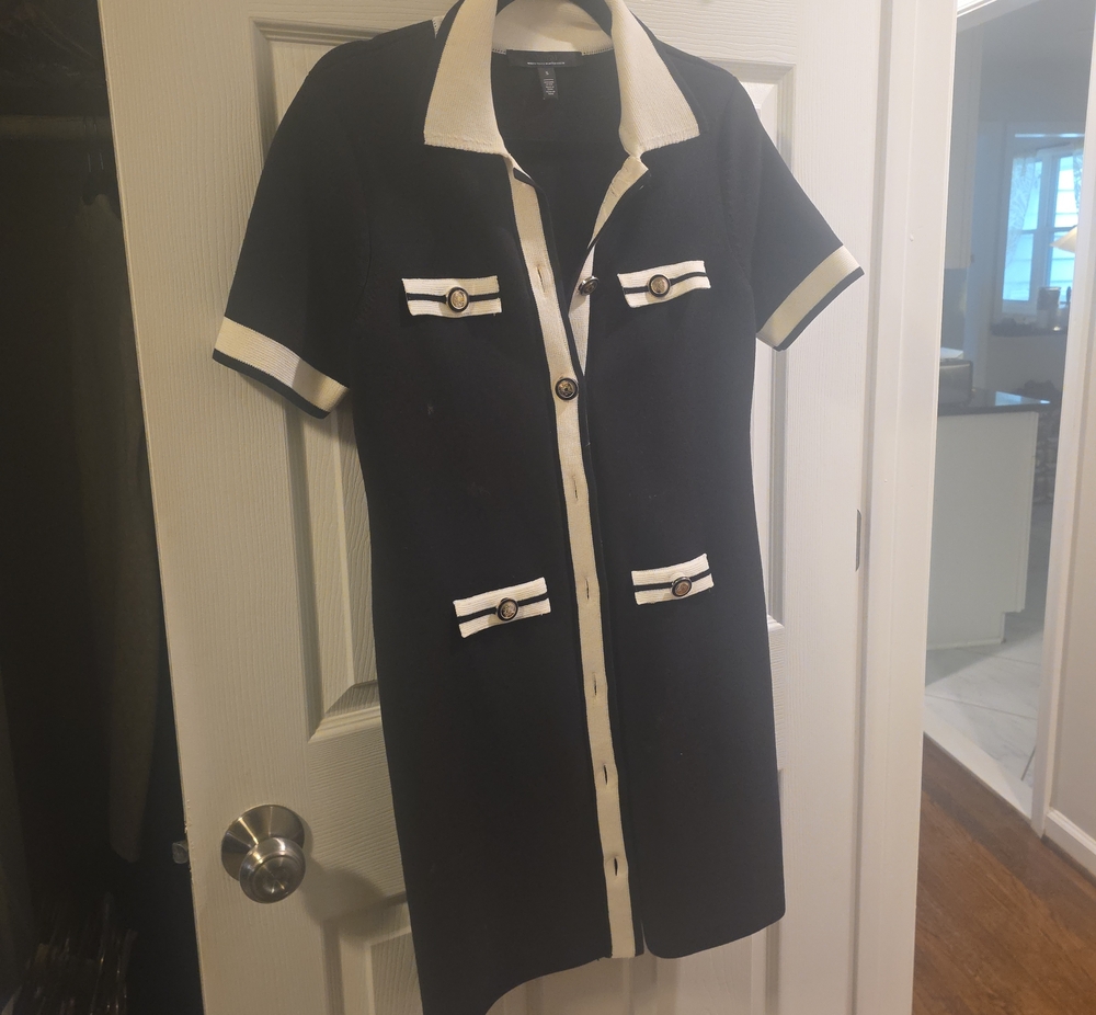 White House Black Market Black Midi Knit Dress with Cream Trim
